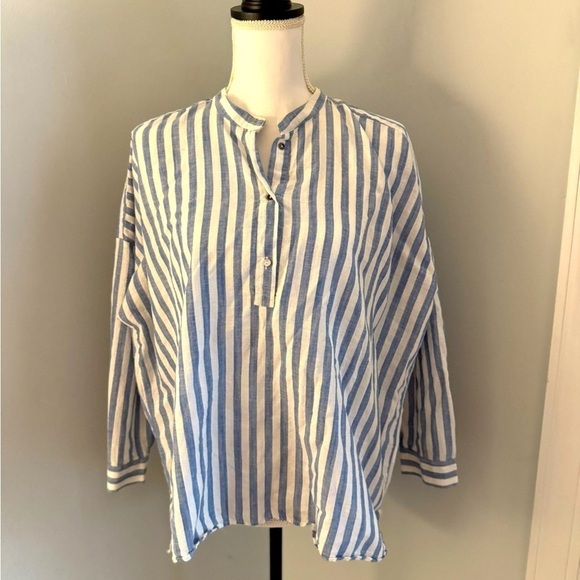 Zara Woman Denim Collection Oversized  Button Blouse Blue/White Striped - Picture 2 of 11